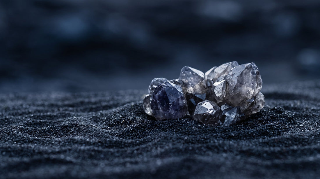 Raw uncut mineral crystals resting on dark rippled sand in cool indigo light
