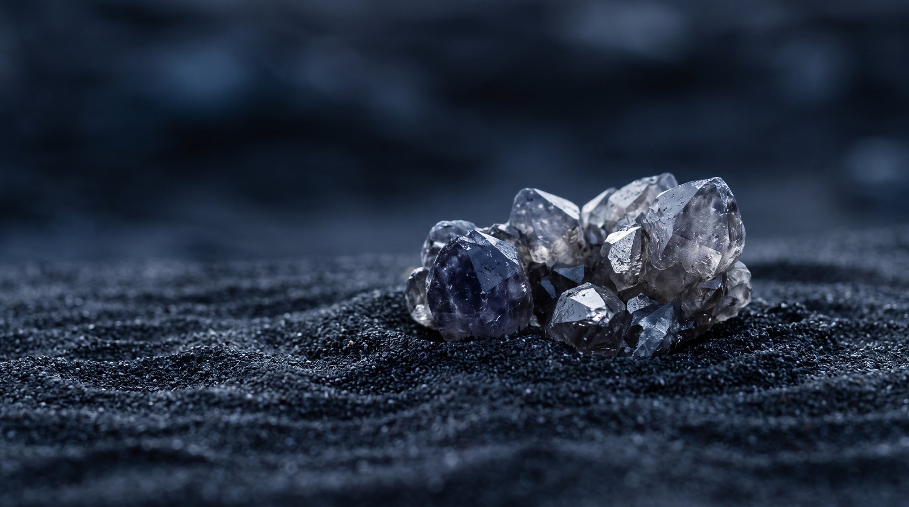 Raw uncut mineral crystals resting on dark rippled sand in cool indigo light