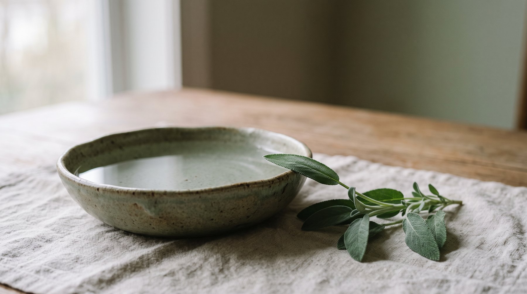 A shallow stoneware bowl of still water beside a sprig of fresh sage on pale linen