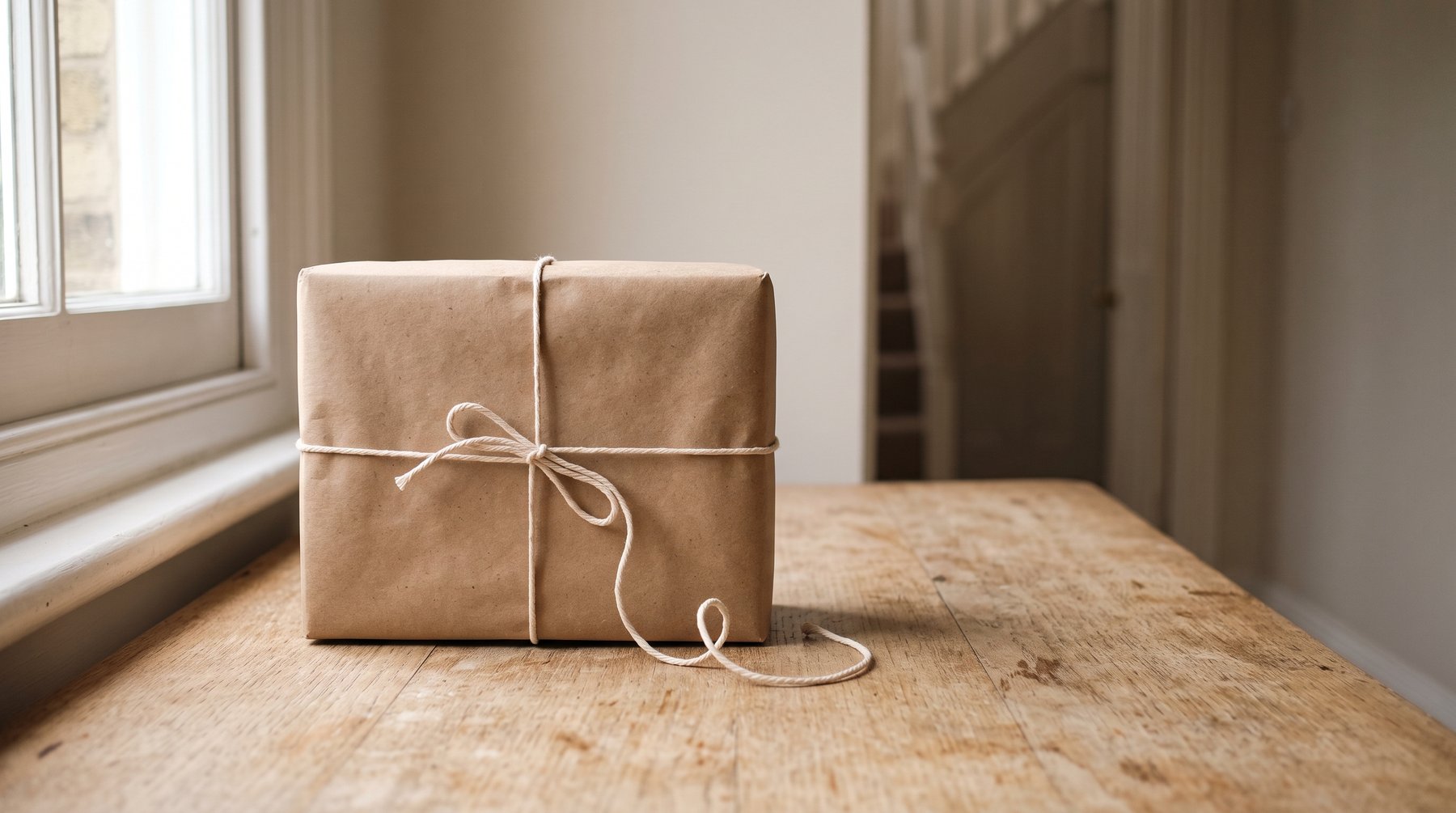 A plain kraft paper parcel tied with cotton string on a worn oak table by a window