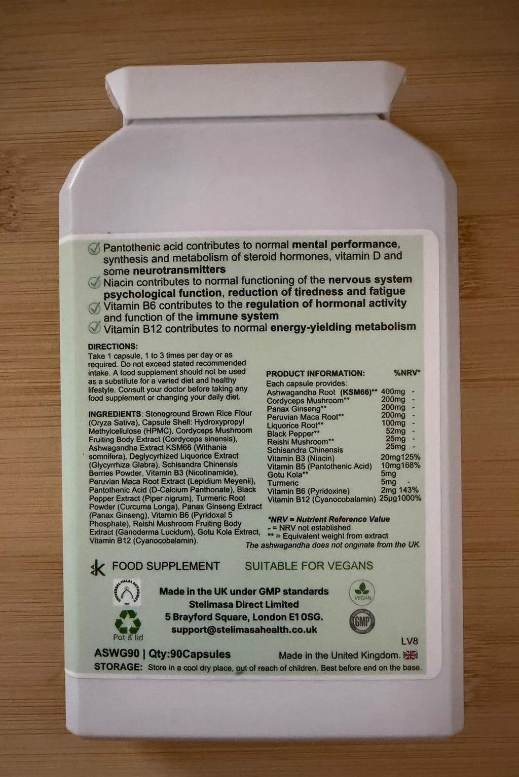 Ashwagandha Daily Formula ingredients and nutrition panel — back of pack