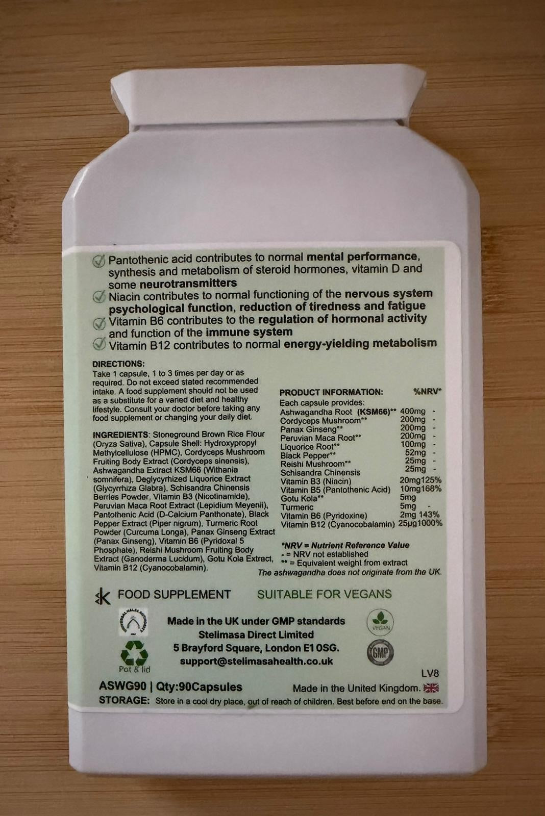 Ashwagandha Daily Formula ingredients and nutrition panel — back of pack