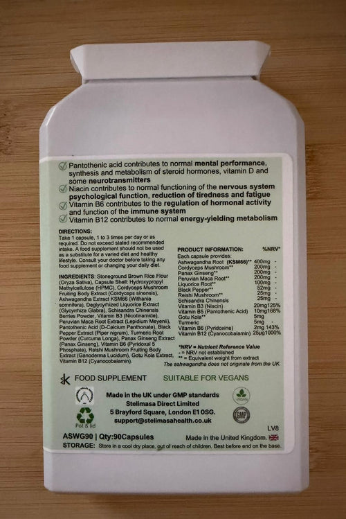 Ashwagandha Daily Formula ingredients and nutrition panel — back of pack