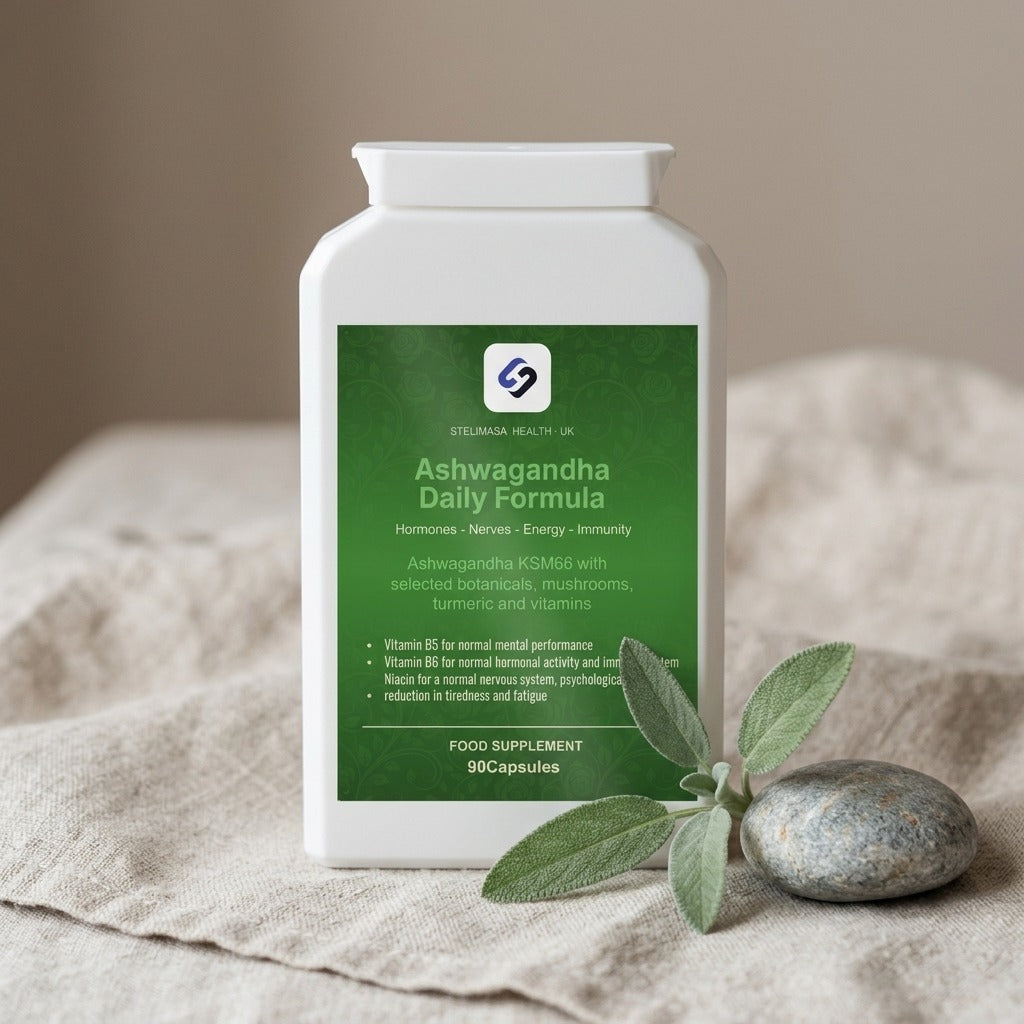 Ashwagandha Daily Formula on linen with sage — lifestyle