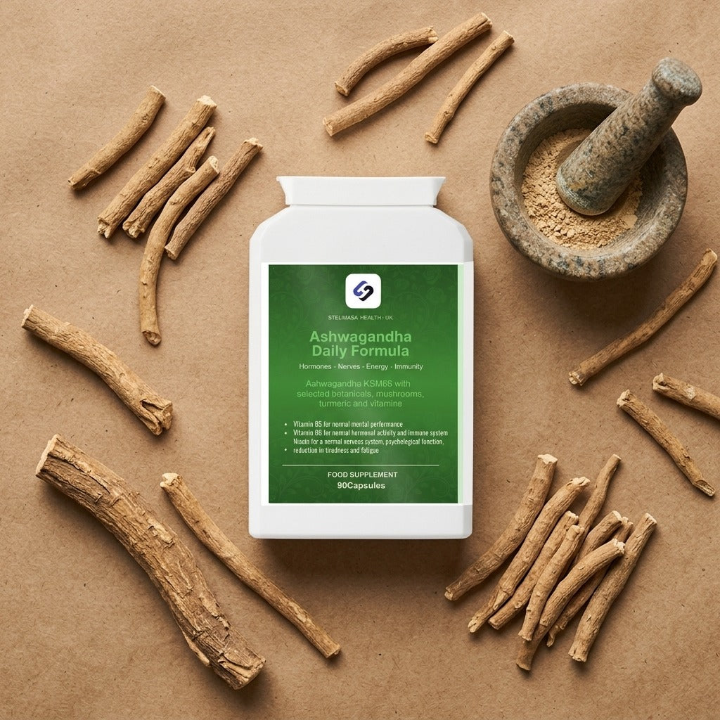 Ashwagandha Daily Formula flat lay with root and mortar