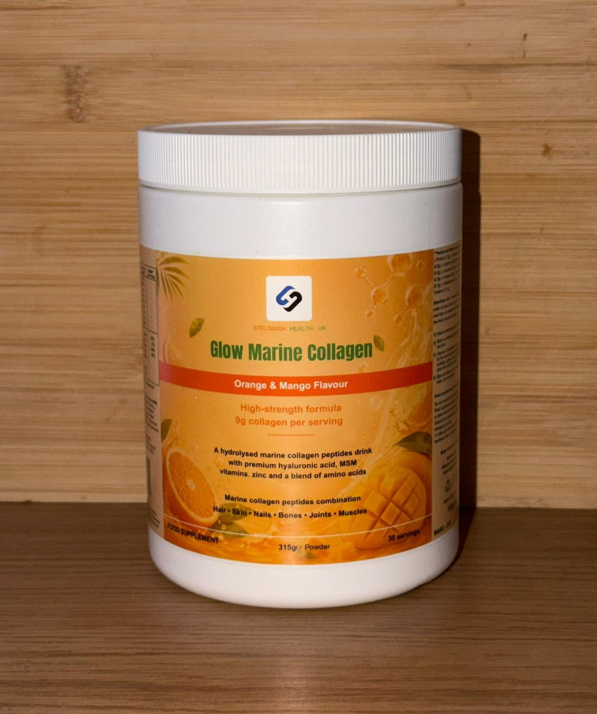 Glow Marine Collagen orange and mango powder, 315g — front of tub