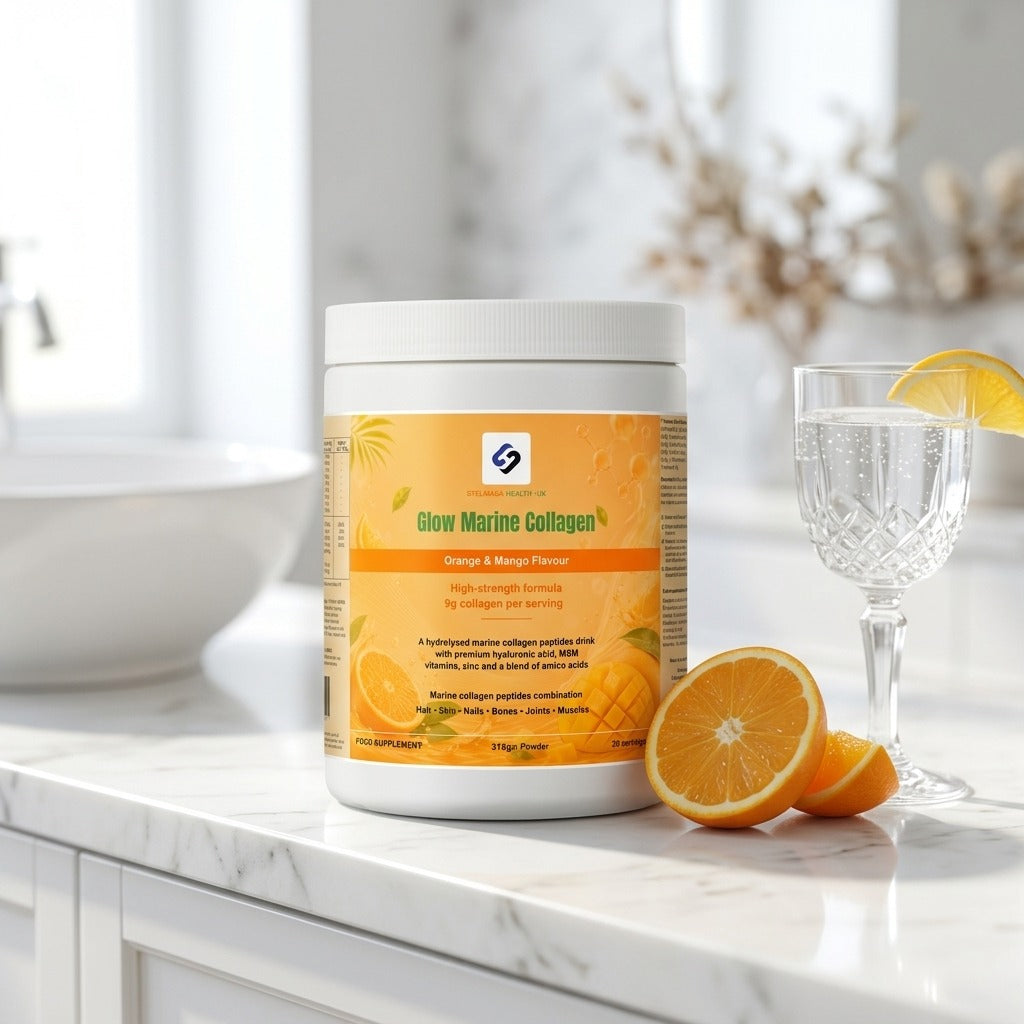 Glow Marine Collagen on a bright vanity with orange — lifestyle