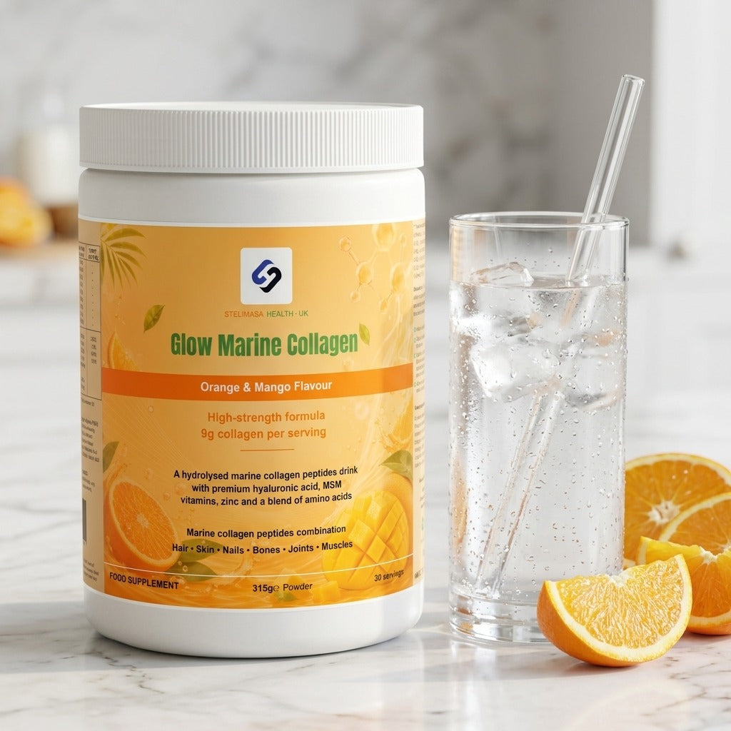 Glow Marine Collagen on marble with orange slices and water