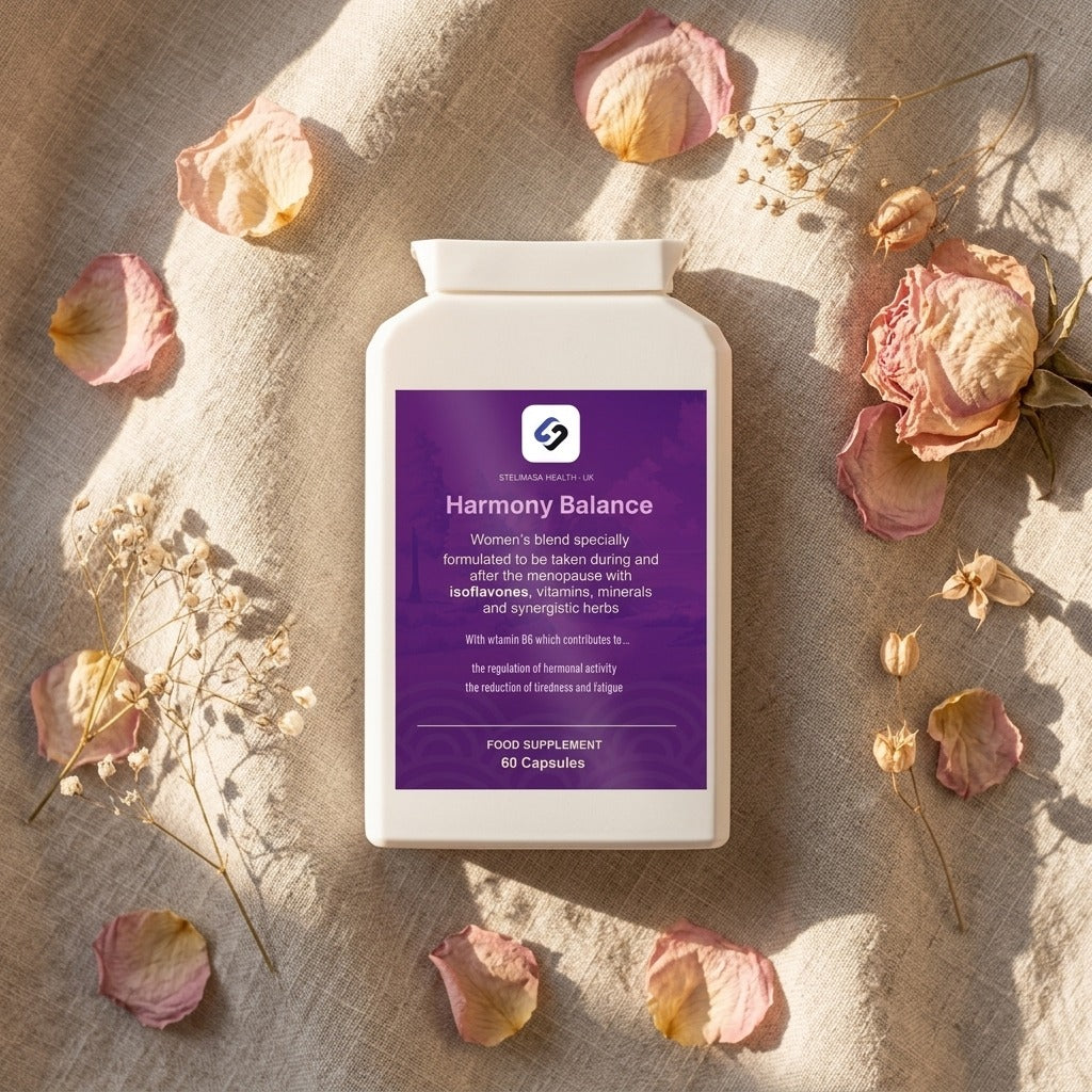 Harmony Balance flat lay with dried flowers on linen