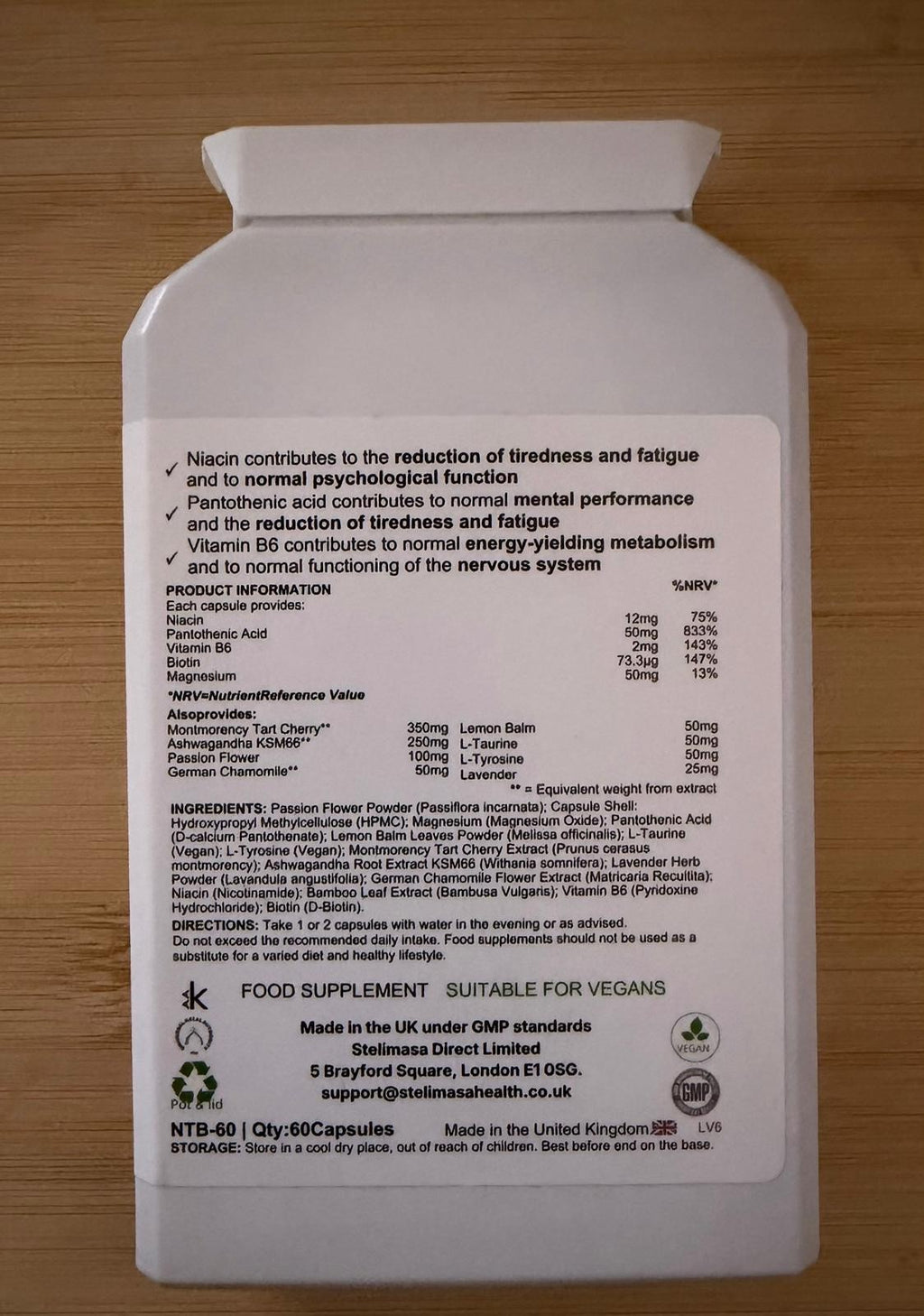 Night Botanical Complex ingredients and nutrition panel — back of pack