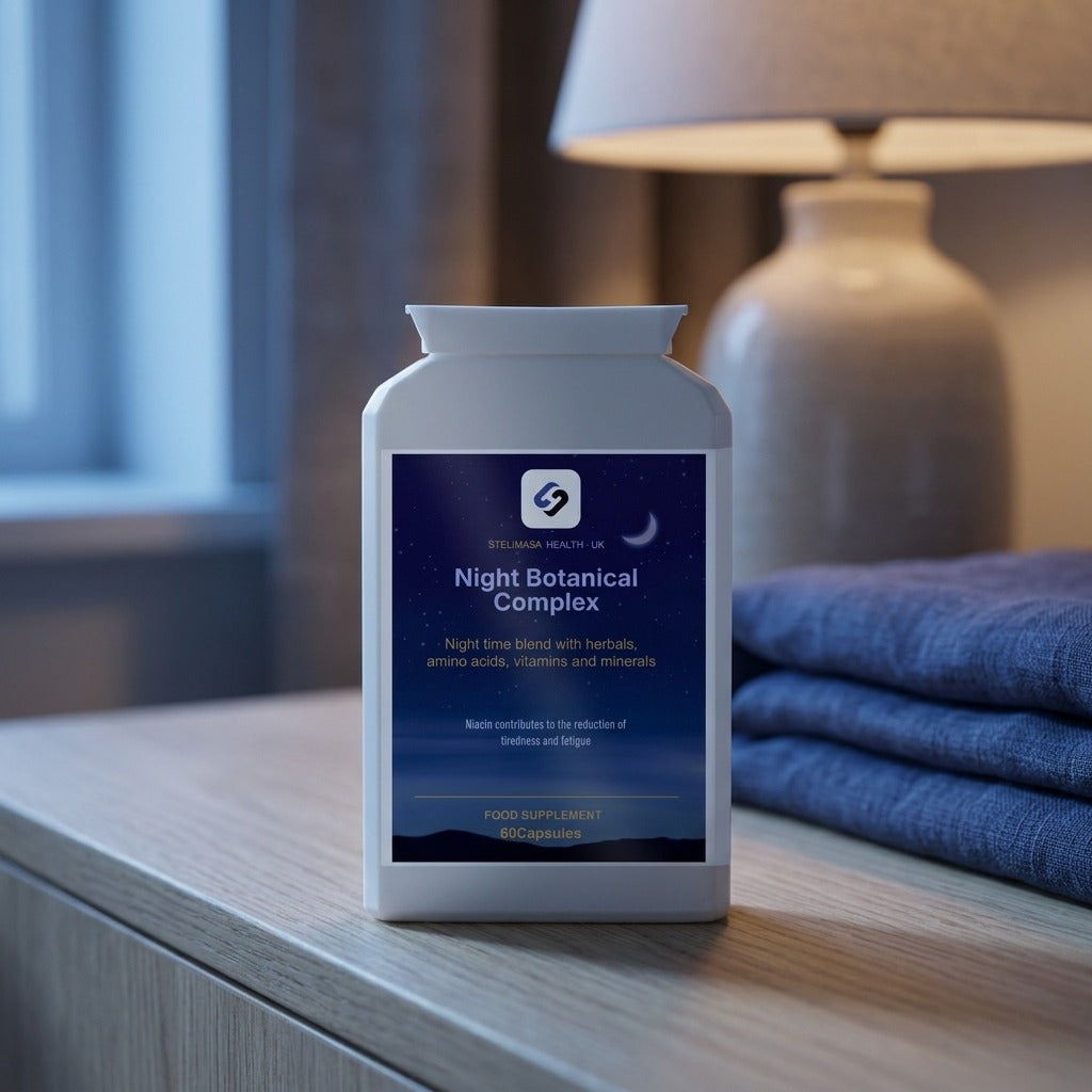Night Botanical Complex on a bedside table at dusk — lifestyle