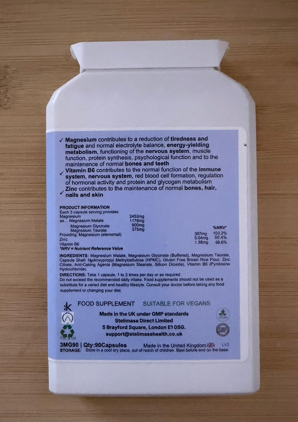 Night Magnesium ingredients and nutrition panel — back of pack