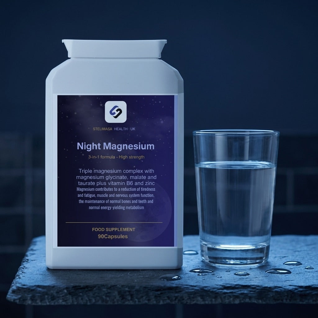 Night Magnesium beside a glass of water at night — lifestyle