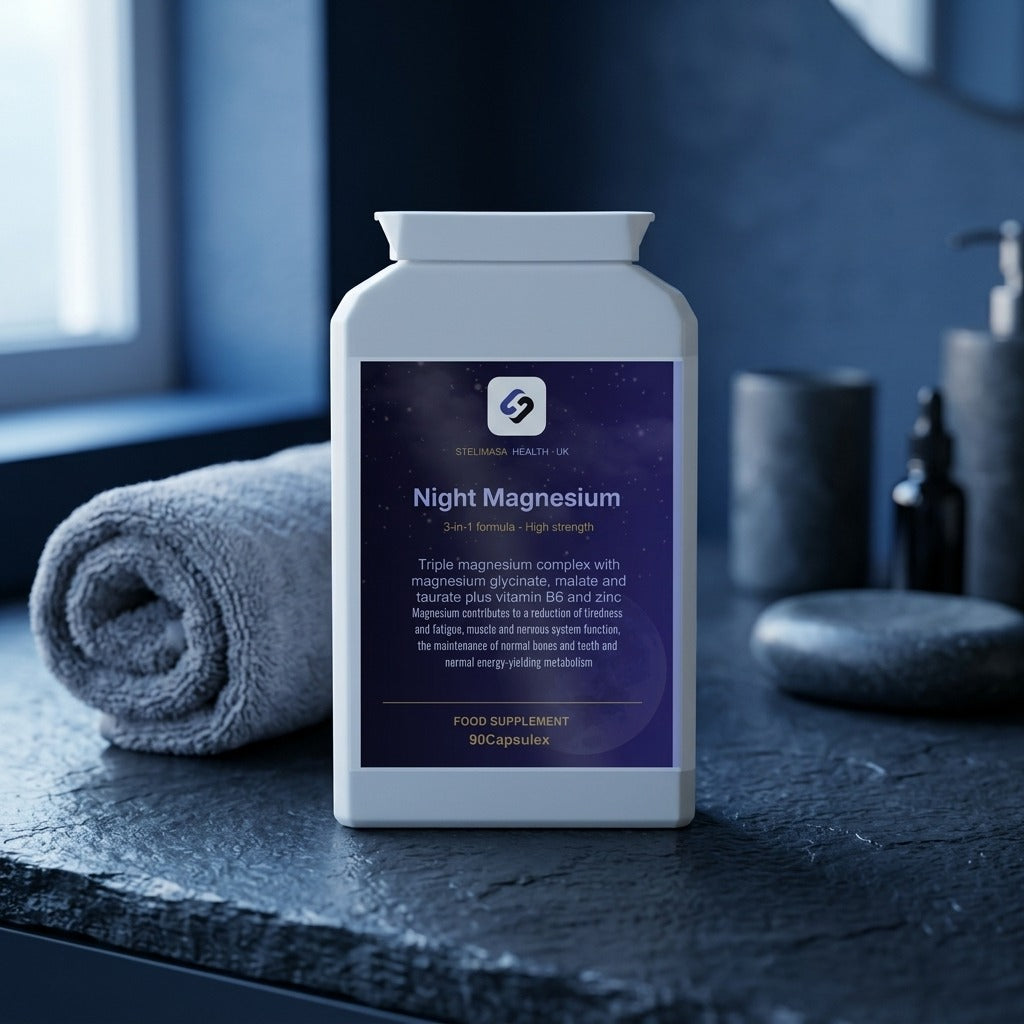 Night Magnesium on a dark counter with rolled towel
